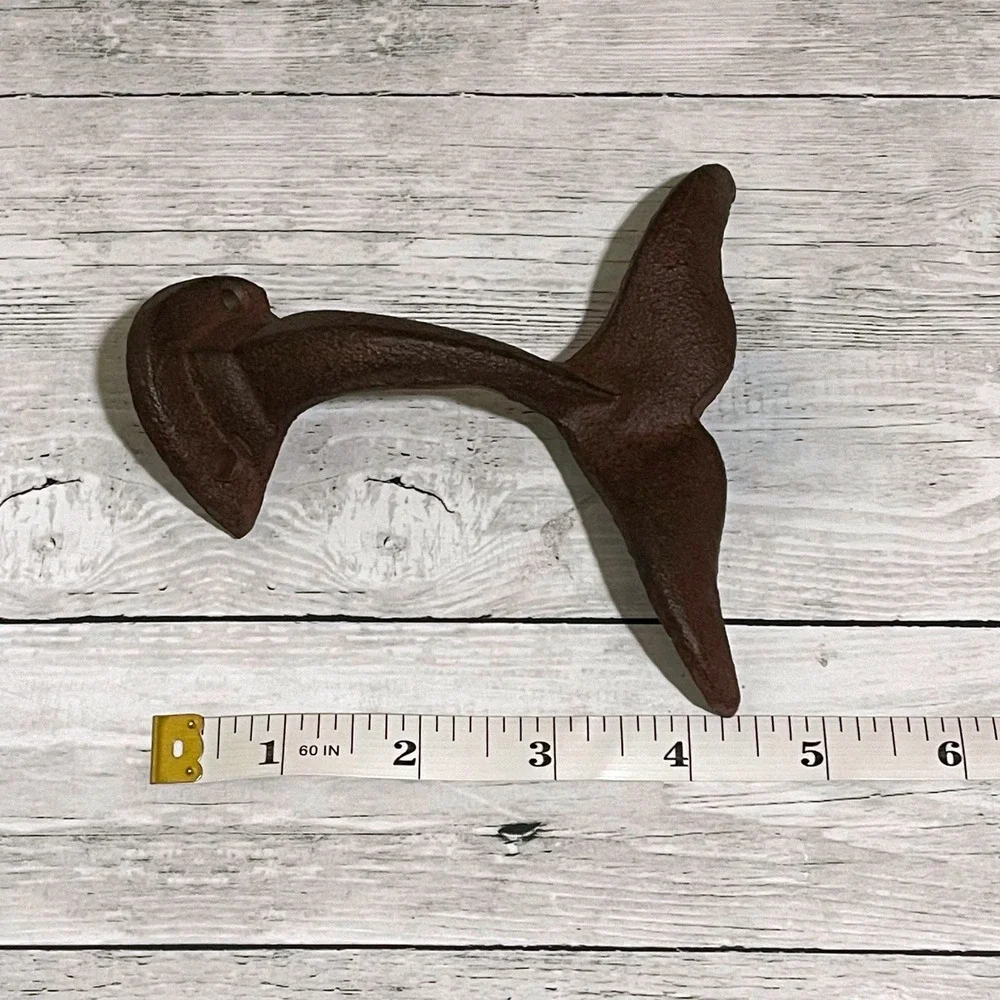 Cast Iron Whale Tail Wall Hook Rustic Brown Nautical Fluke Coat Towel Hanger 5in
